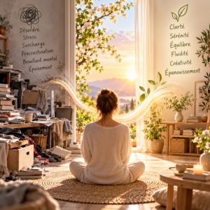 Femme assise dans un intérieur partagé entre désordre et espace rangé, symbolisant le passage de la surcharge mentale à la clarté et à la sérénité grâce au rangement
